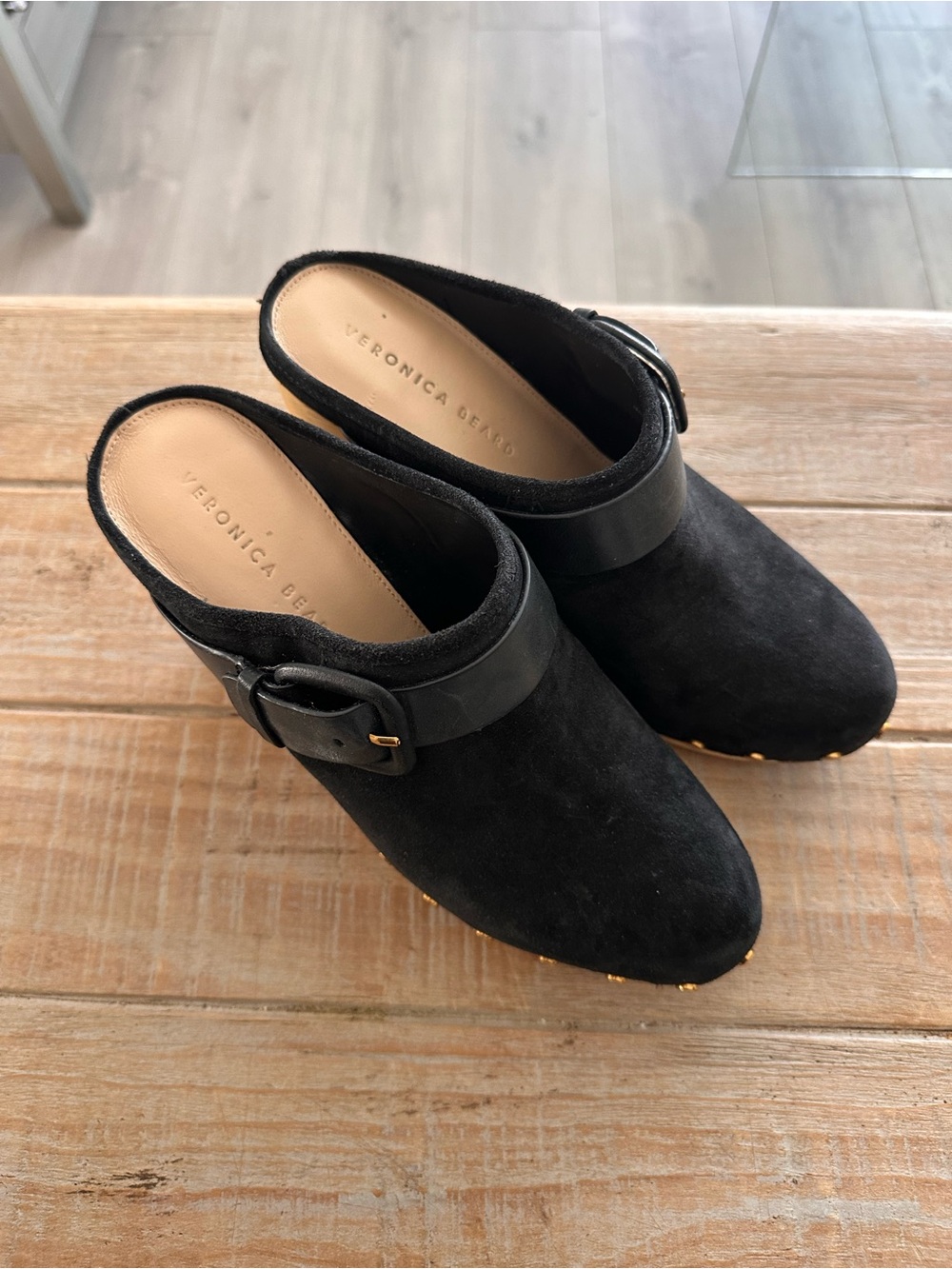 Veronica Beard Black Suede Buckle Mule Clogs